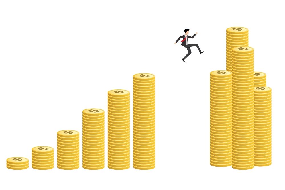 Graphic of person jumping between stacks of money to represent a worker earning over the high-income thershold