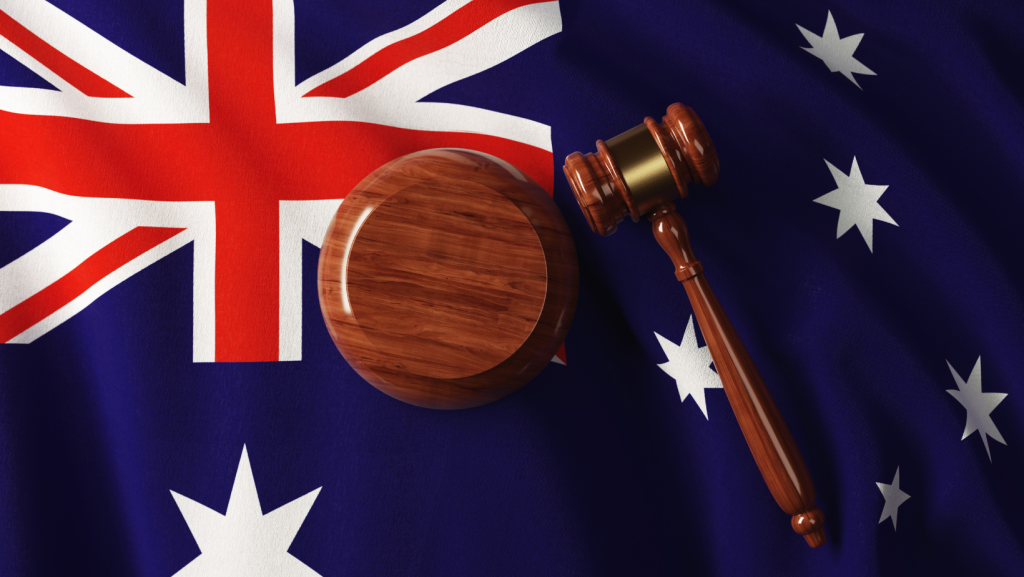Australian flag and gavel as a graphic to represent the ALP's Secure Australian Jobs Plan which seeks to support better working conditions and wages for employees