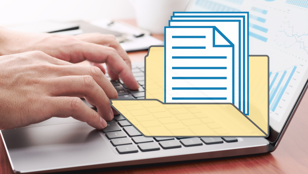 CU of hands on keyboard with graphic of folder with documents inside representing fixed term contracts