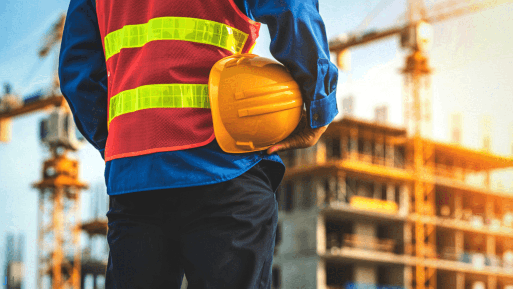 Close up of construction worker with back to camera and construction site in the background