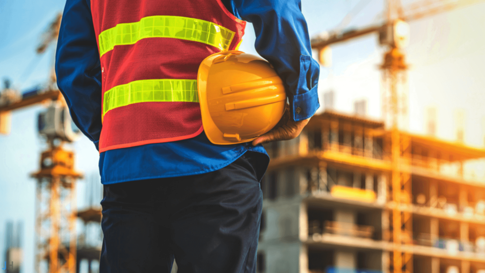 Close up of construction worker with back to camera and construction site in the background